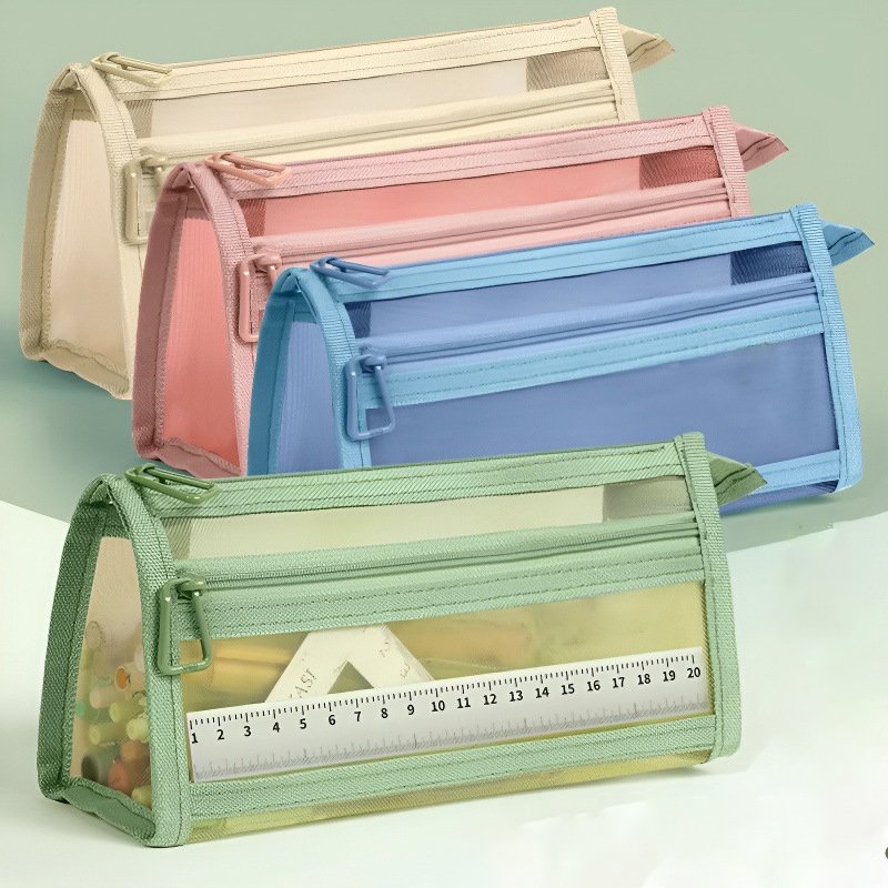 필통 투명 망사 학생 시험 전용 필통 어린이 펜슬  2단 입체 대용량 필통